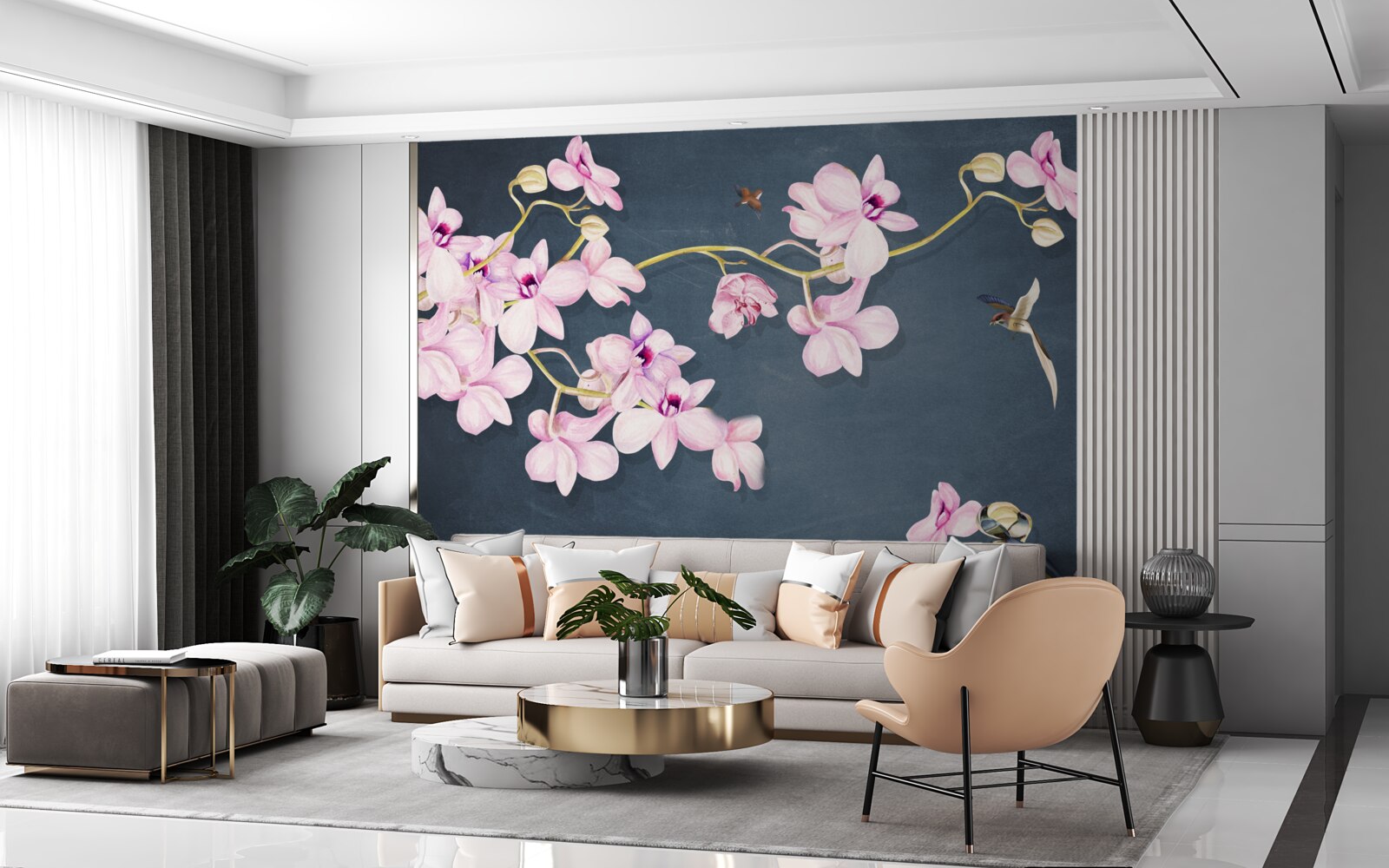 Papier peint orchidées dans une délicate teinte lilas