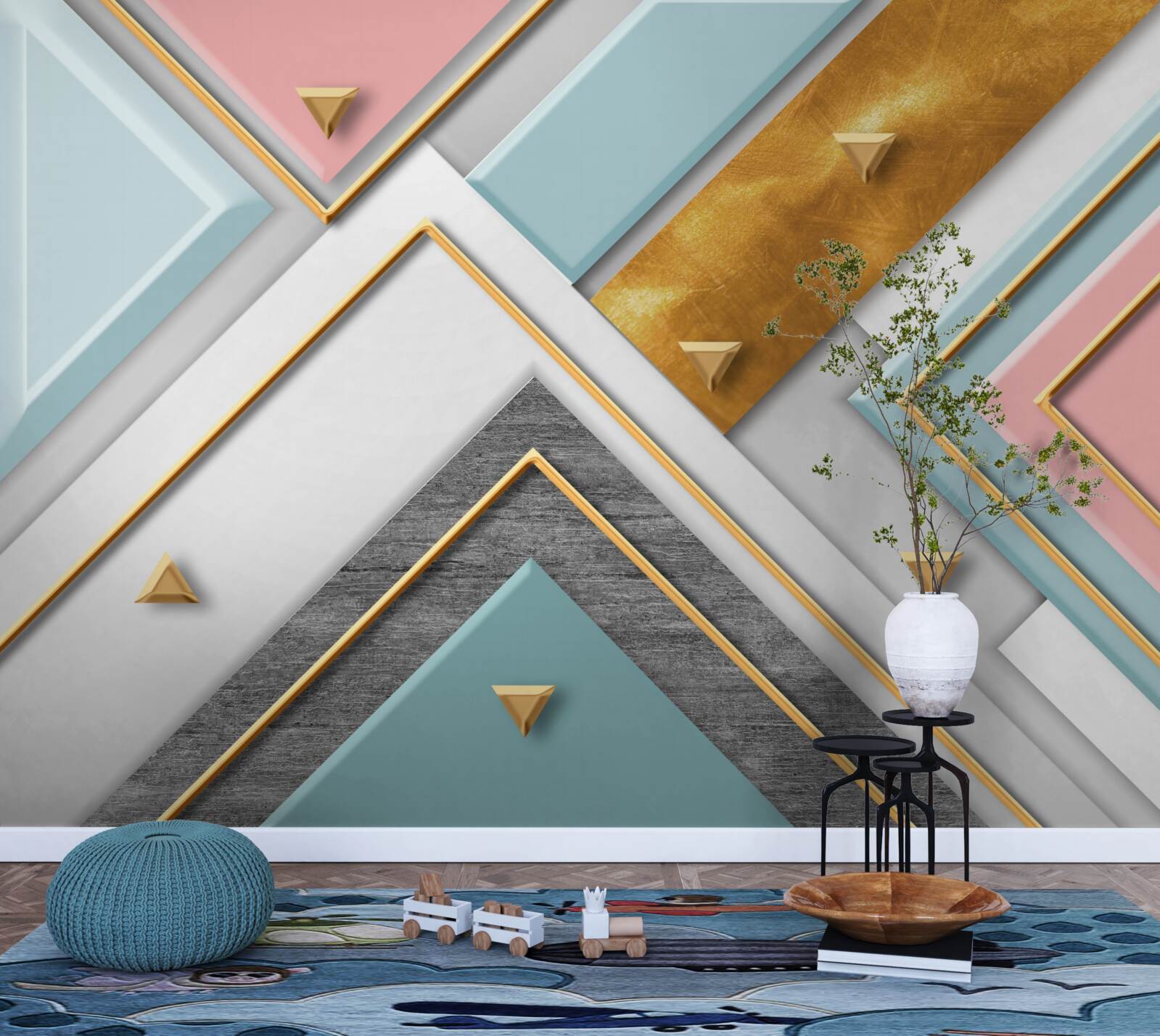 Papier peint mosaïque rose délicate décorée d'or