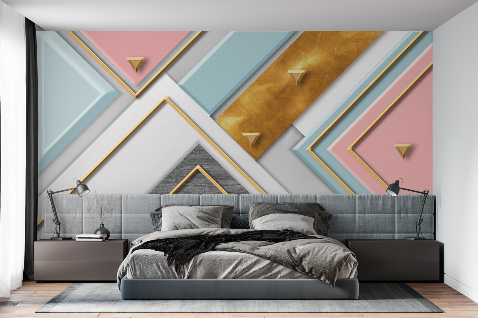 Papier peint mosaïque rose délicate décorée d'or