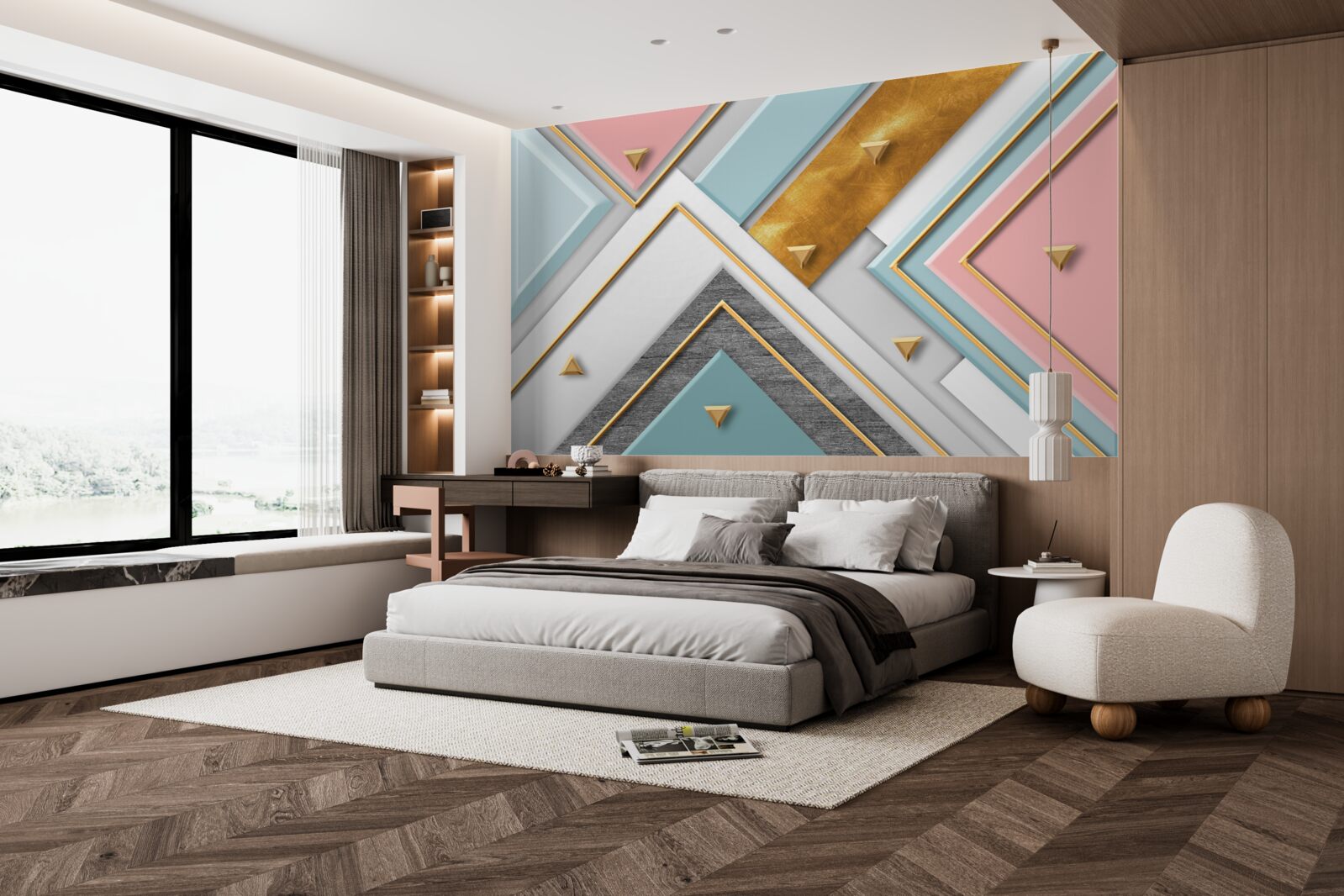 Papier peint mosaïque rose délicate décorée d'or