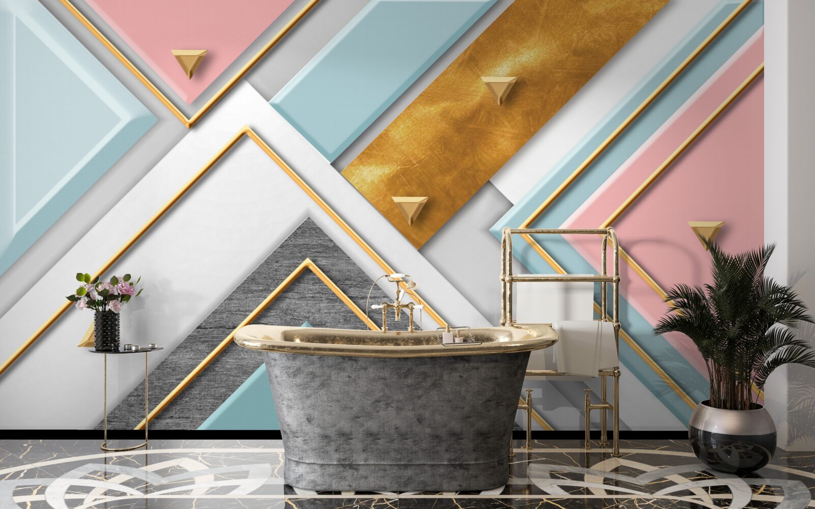 Papier peint mosaïque rose délicate décorée d'or