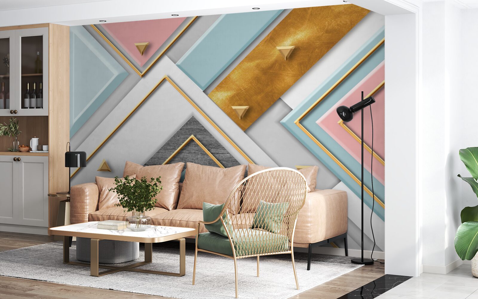 Papier peint mosaïque rose délicate décorée d'or