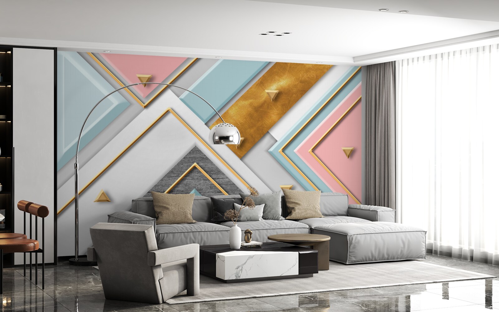 Papier peint mosaïque rose délicate décorée d'or