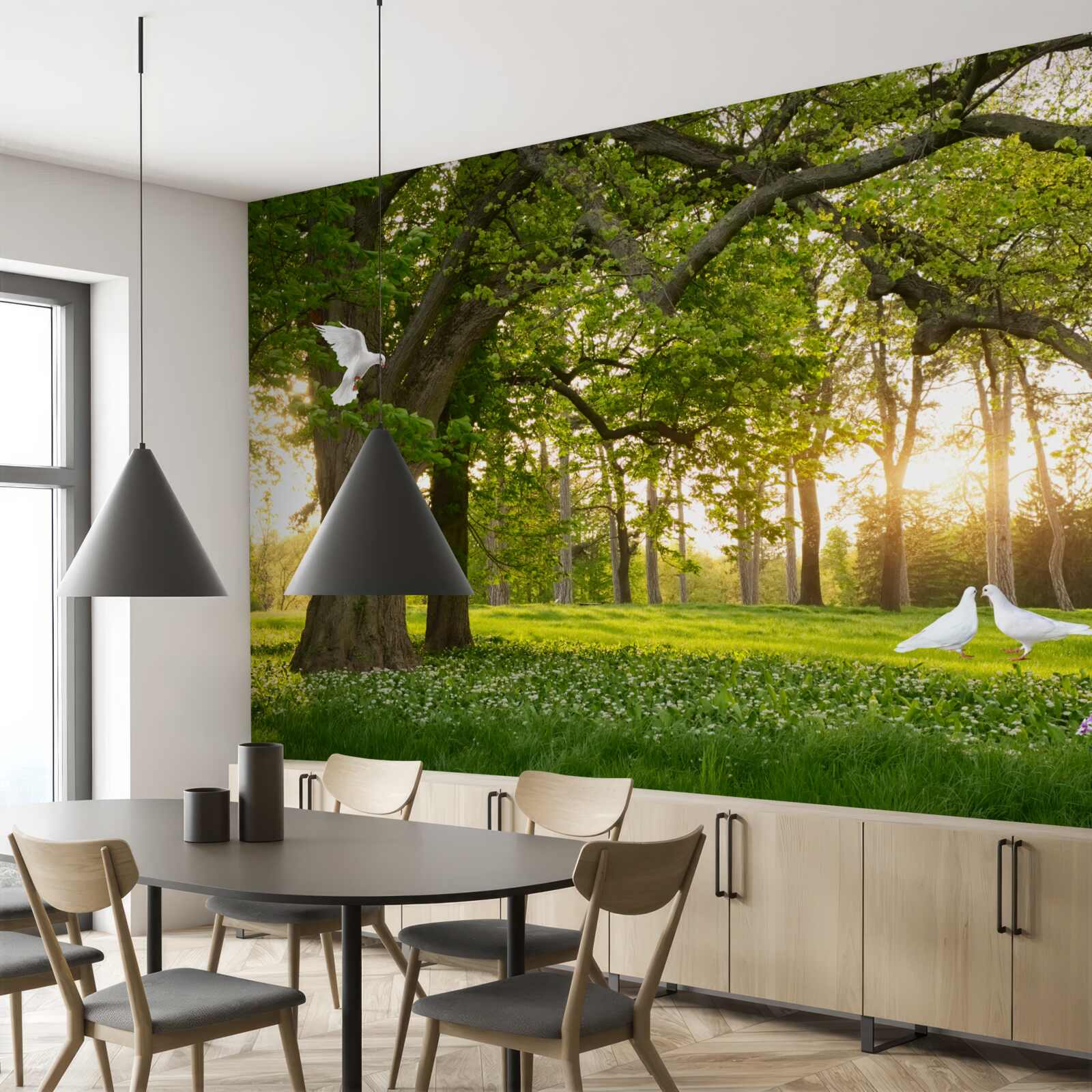 Papier peint les pigeons brillent de leur blancheur à l'aube dans une forêt verdoyante