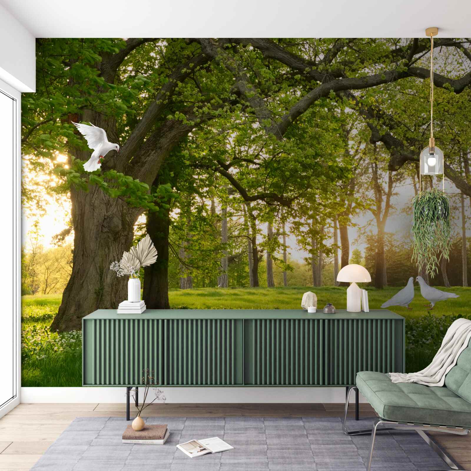 Papier peint les pigeons brillent de leur blancheur à l'aube dans une forêt verdoyante