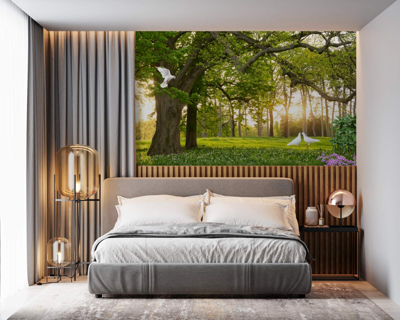 Papier peint les pigeons brillent de leur blancheur à l'aube dans une forêt verdoyante