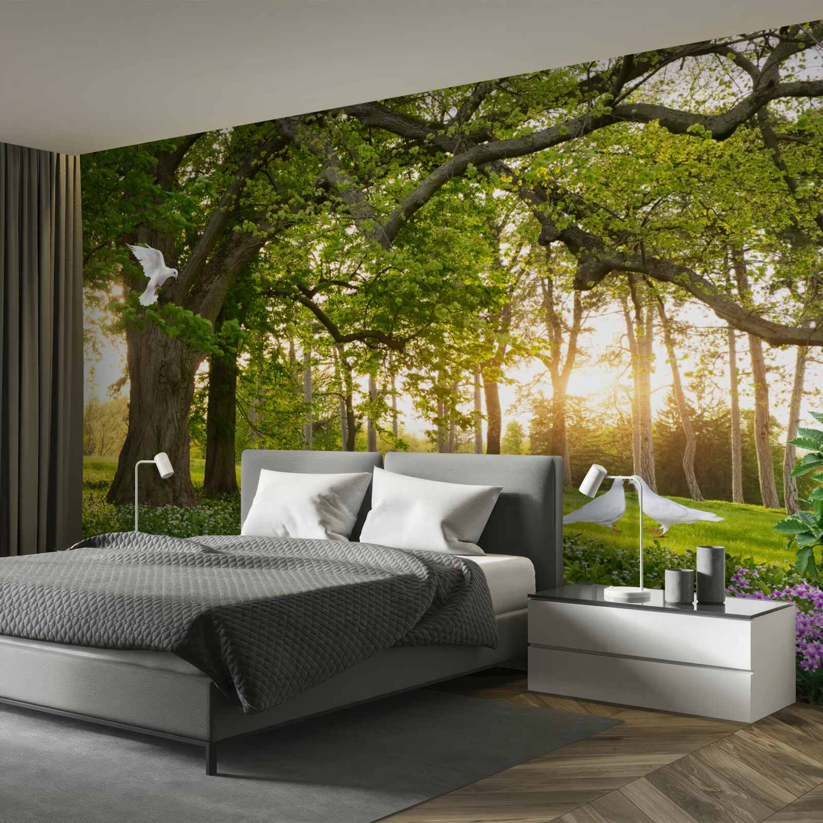 Papier peint les pigeons brillent de leur blancheur à l'aube dans une forêt verdoyante