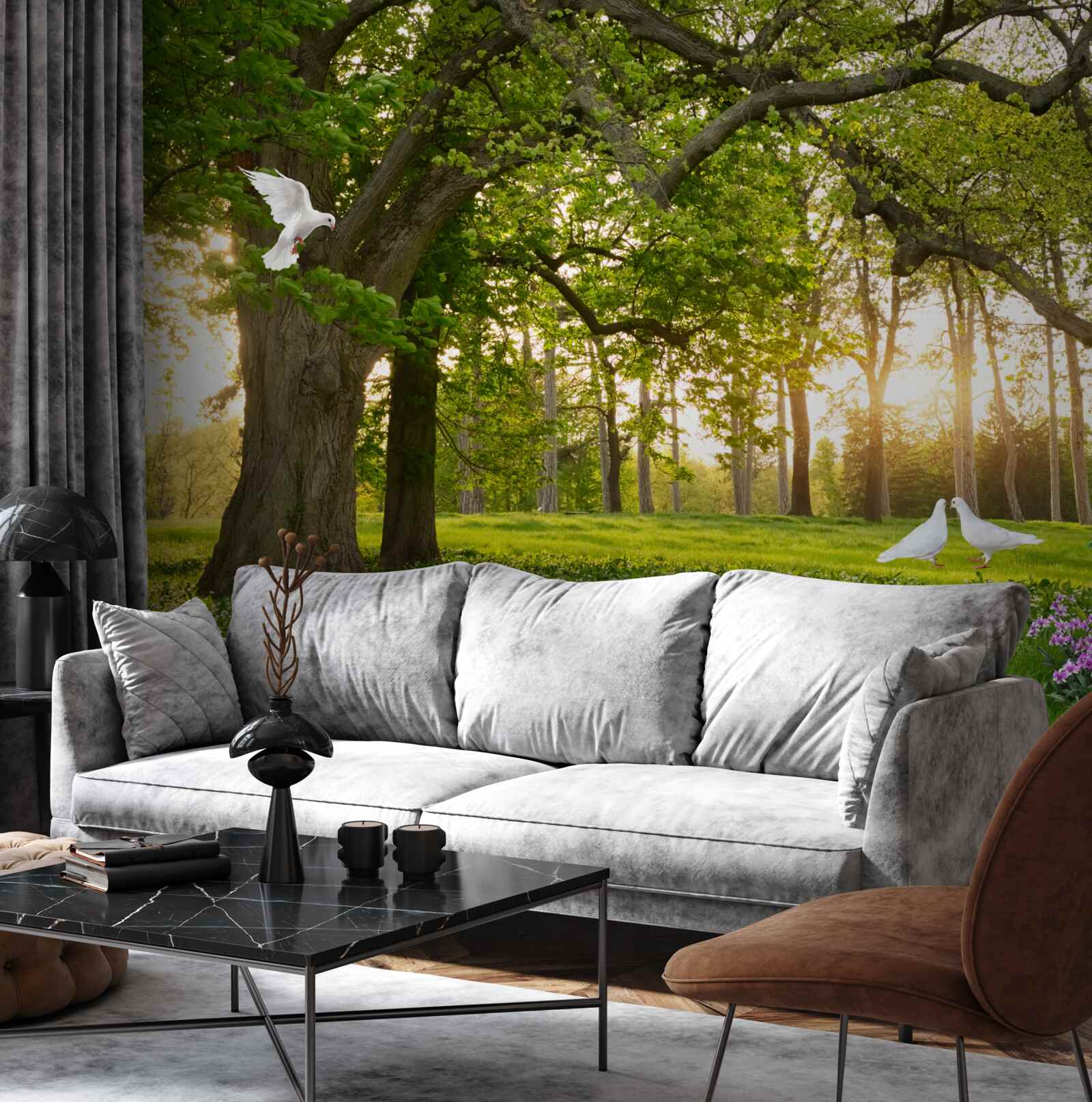 Papier peint les pigeons brillent de leur blancheur à l'aube dans une forêt verdoyante