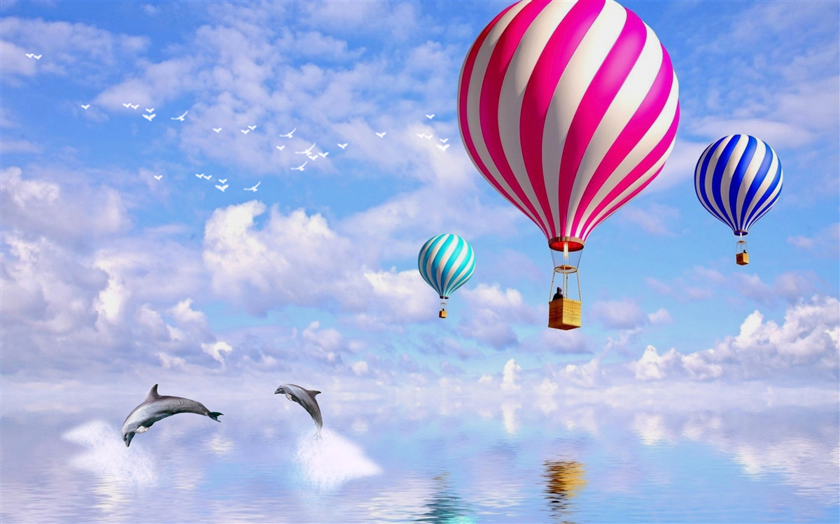 Papier peint vols en ballon au-dessus de la mer avec les dauphins