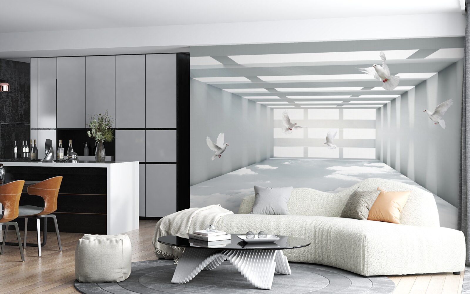 Papier peint un passage lumineux où les papillons flottent dans l'air