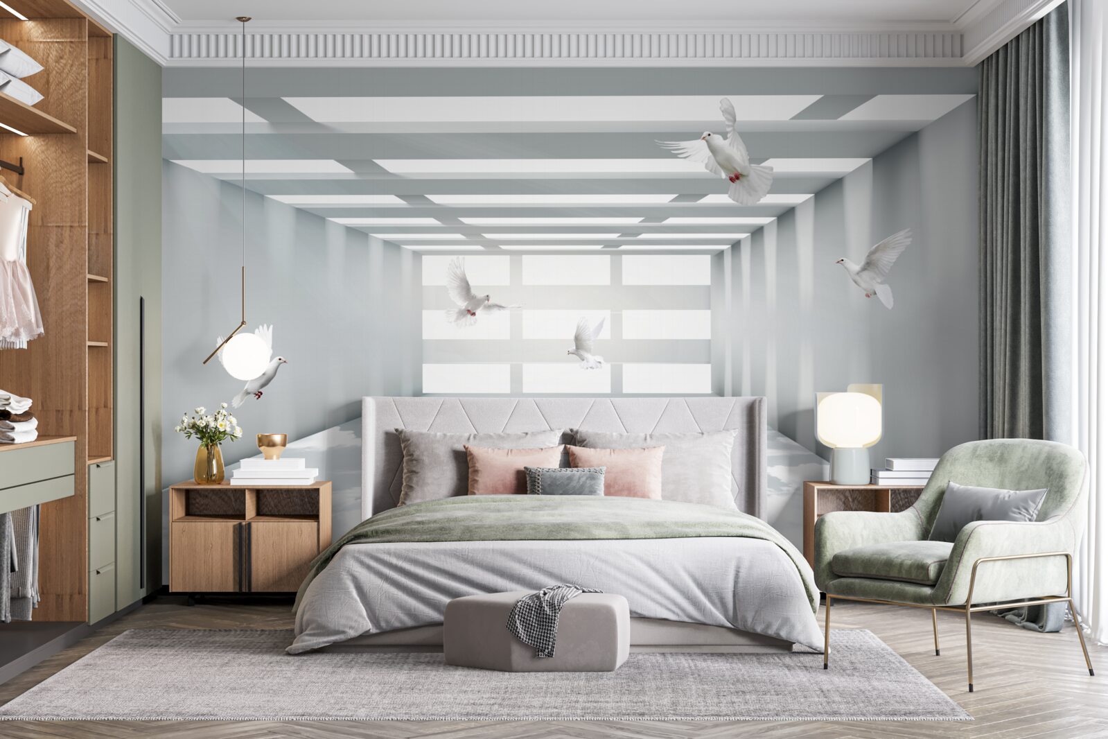 Papier peint un passage lumineux où les papillons flottent dans l'air