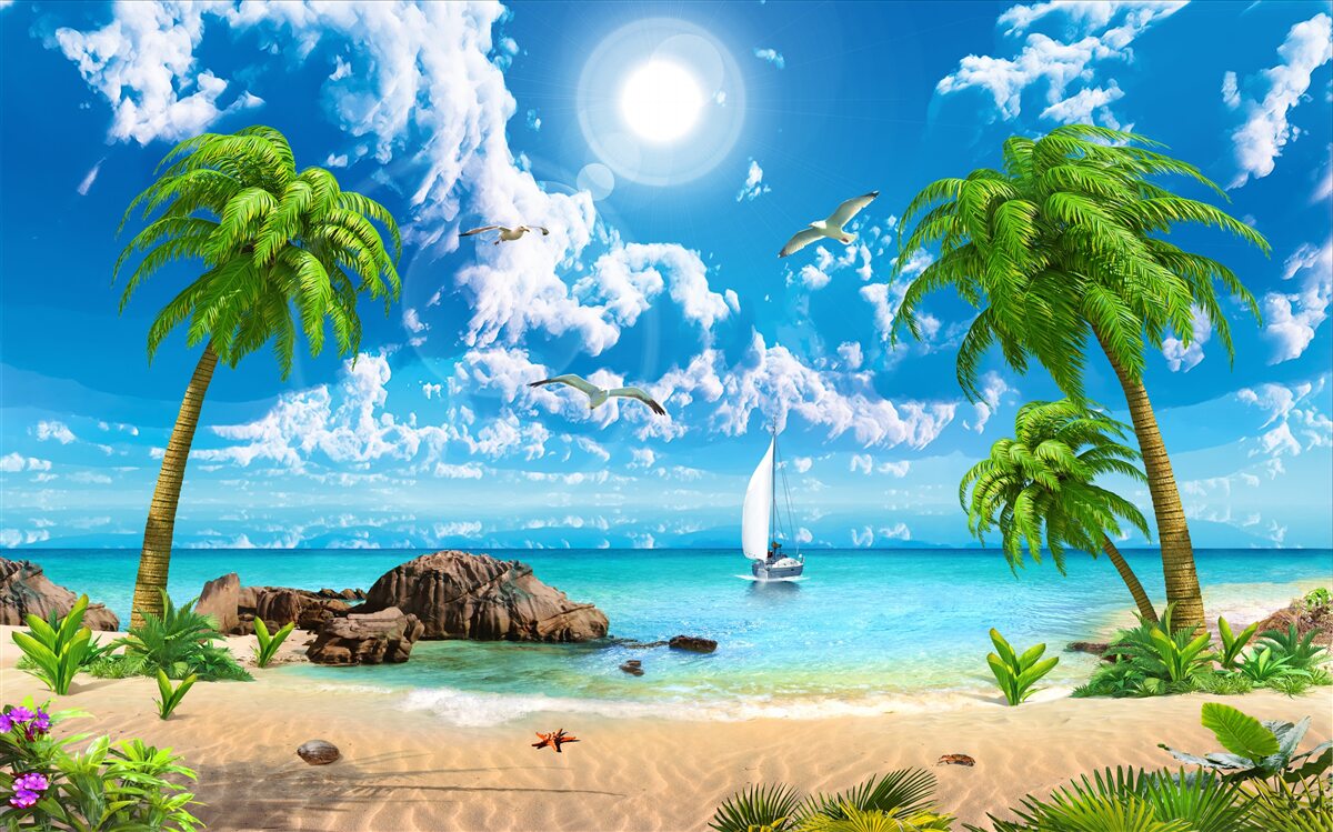 Papier peint jetée tropicale avec bateau