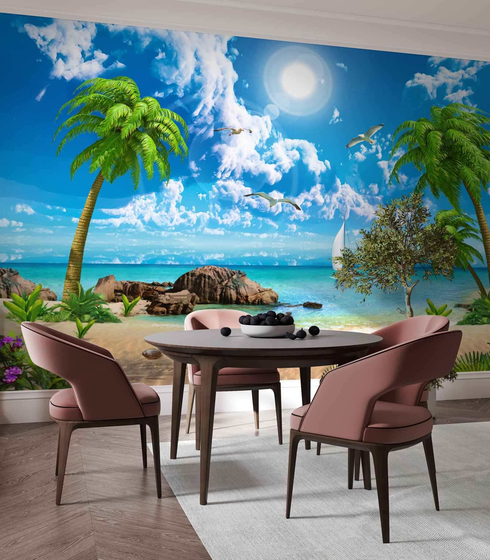 Papier peint jetée tropicale avec bateau