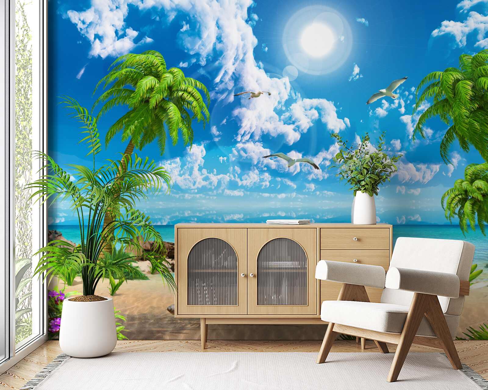 Papier peint jetée tropicale avec bateau