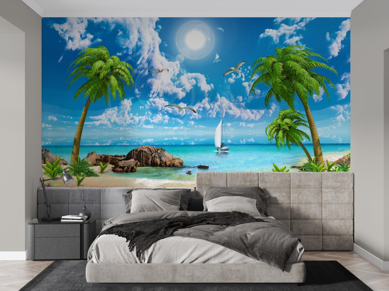 Papier peint jetée tropicale avec bateau