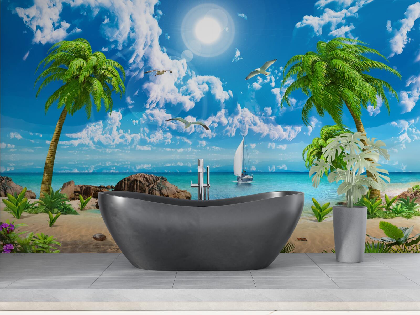 Papier peint jetée tropicale avec bateau