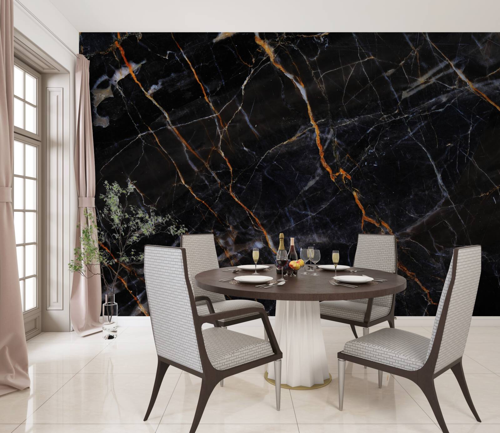 Papier peint marbre noir exquis avec accessoires