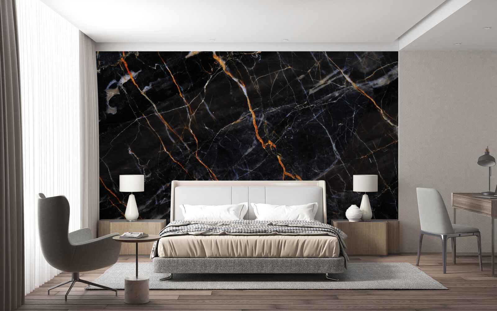 Papier peint marbre noir exquis avec accessoires