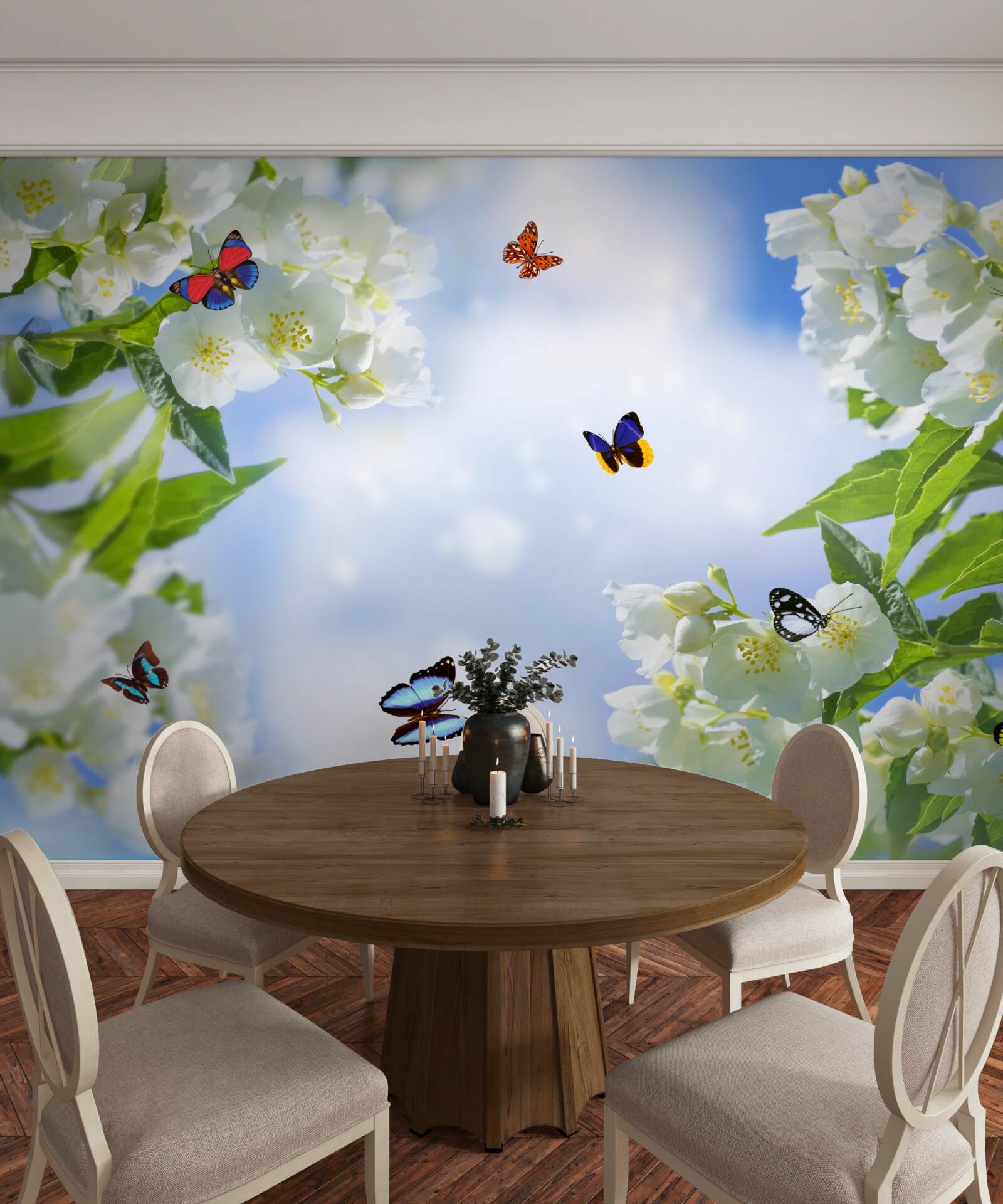 Papier peint papillons multicolores et fleurs blanches comme neige