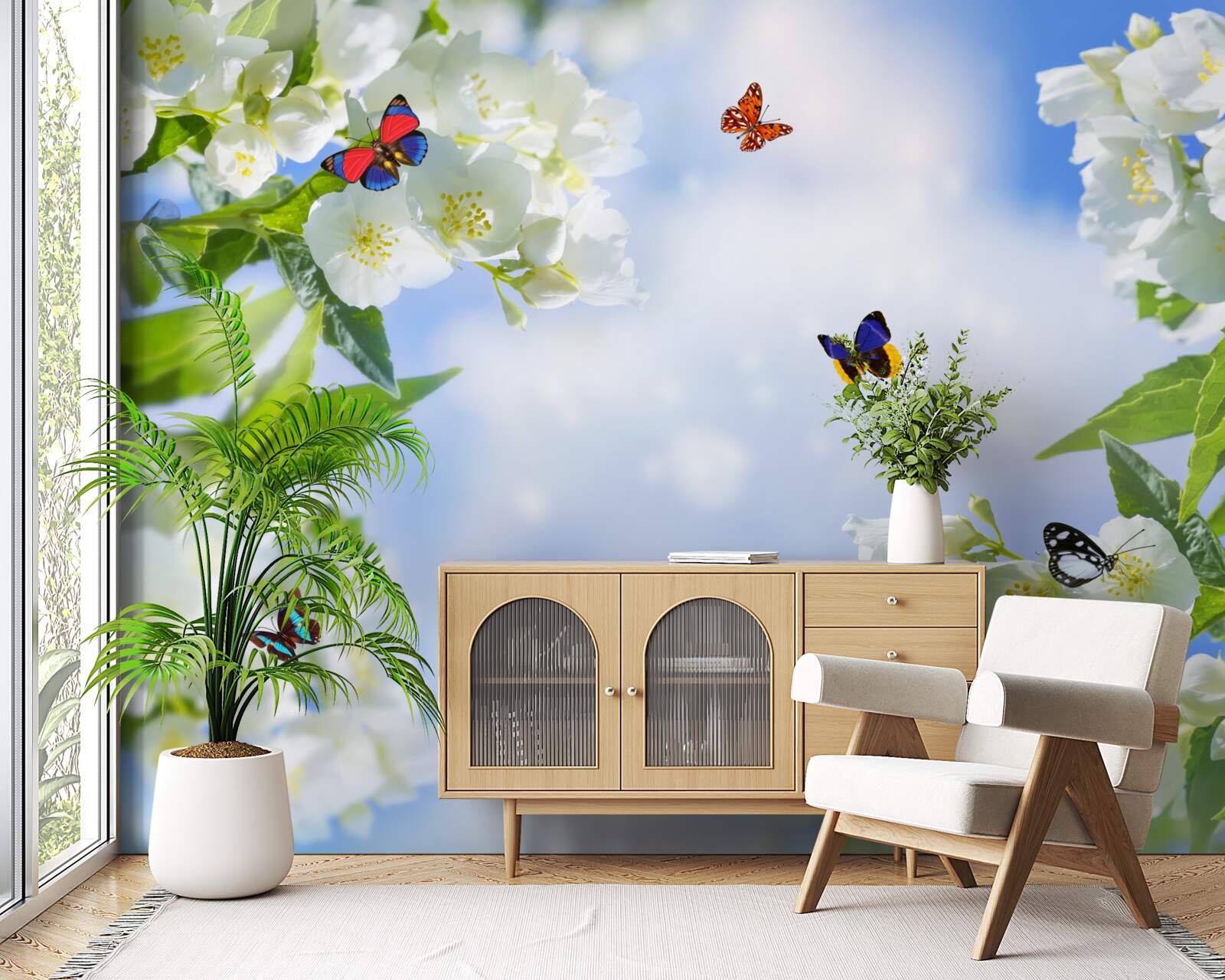 Papier peint papillons multicolores et fleurs blanches comme neige