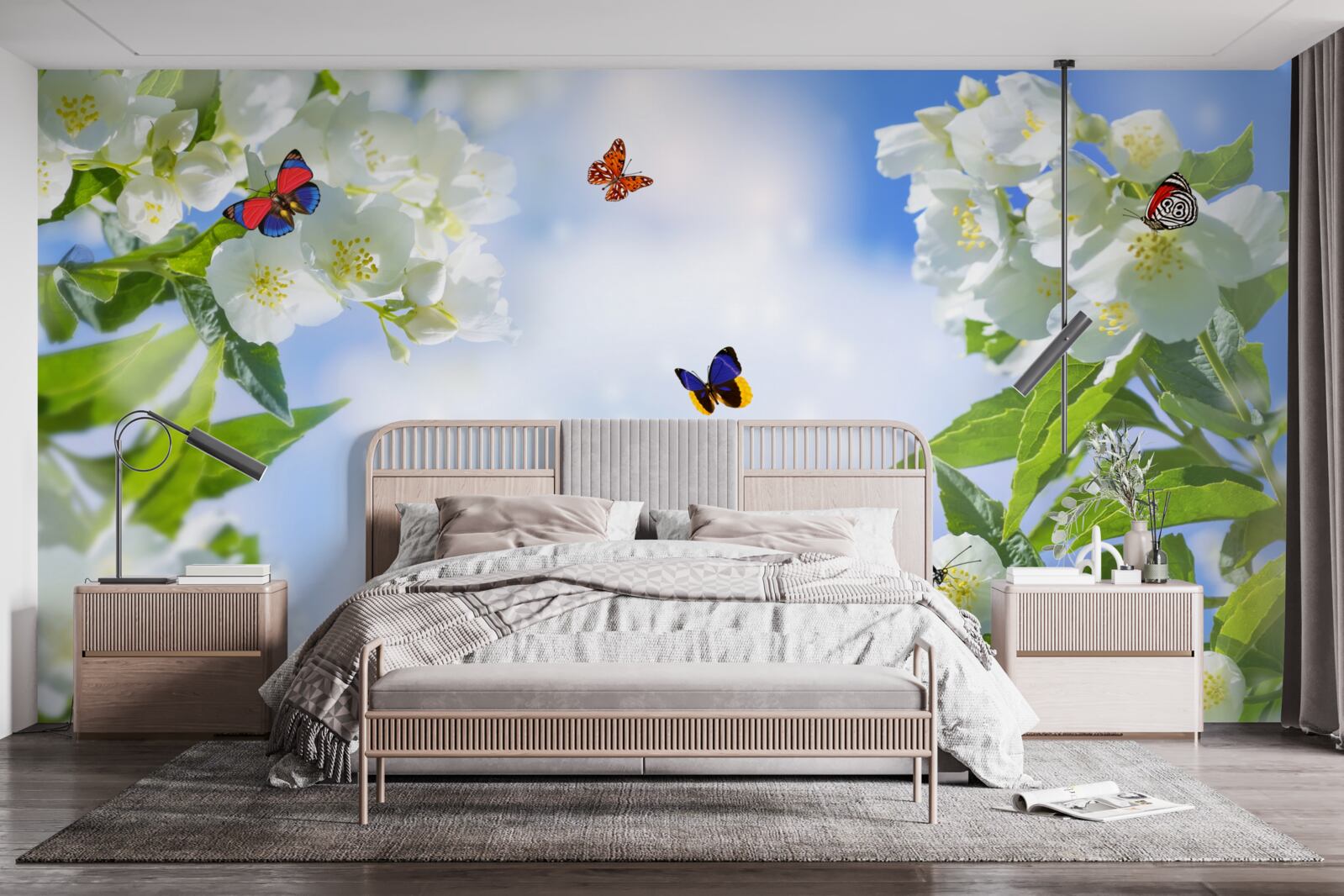 Papier peint papillons multicolores et fleurs blanches comme neige