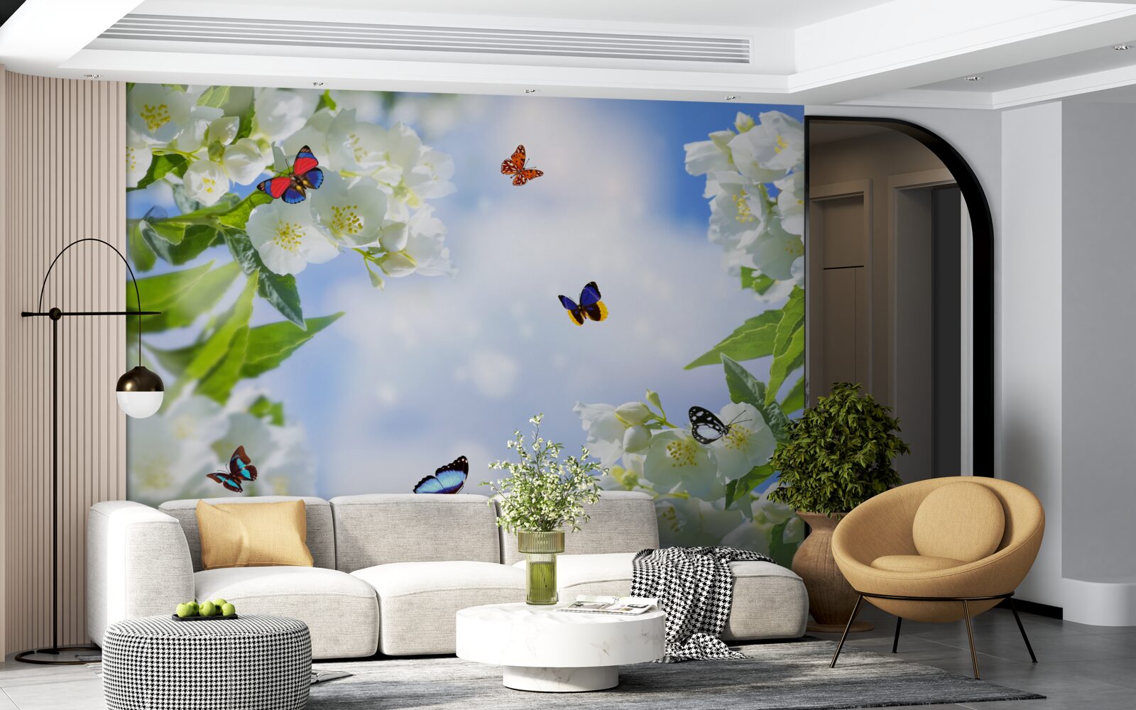 Papier peint papillons multicolores et fleurs blanches comme neige