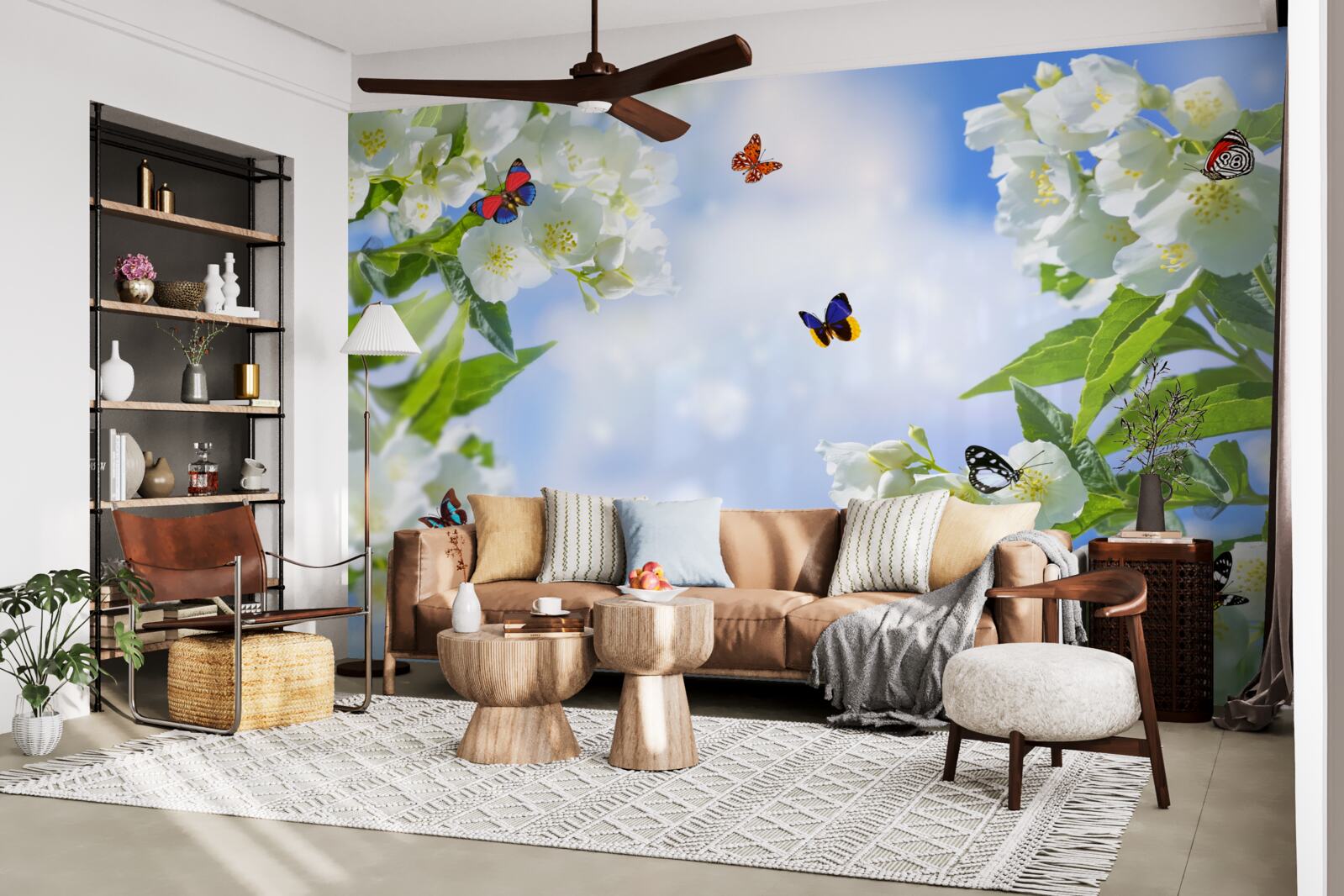 Papier peint papillons multicolores et fleurs blanches comme neige