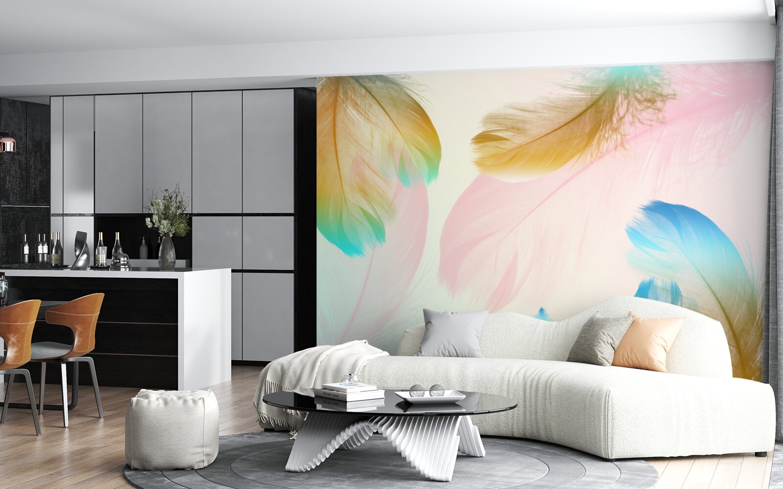 Papier peint plumes pastel