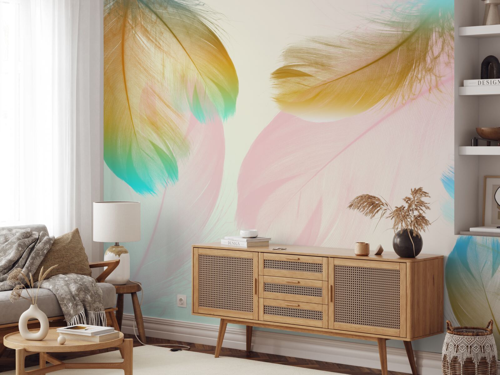 Papier peint plumes pastel