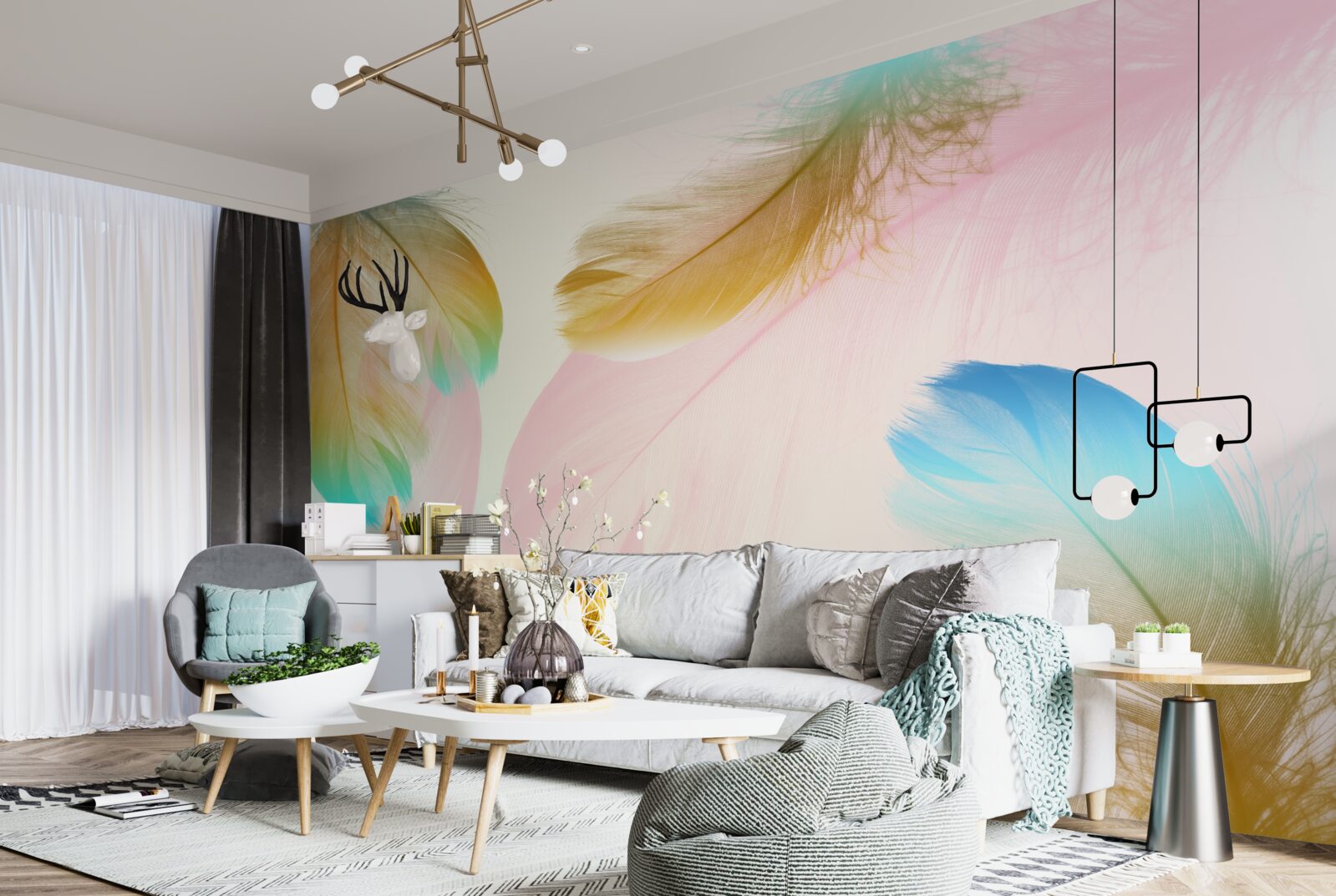 Papier peint plumes pastel