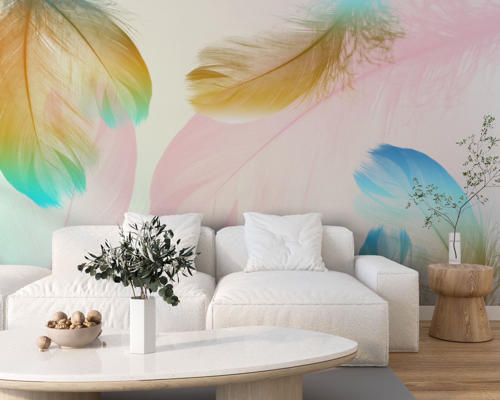 Papier peint plumes pastel