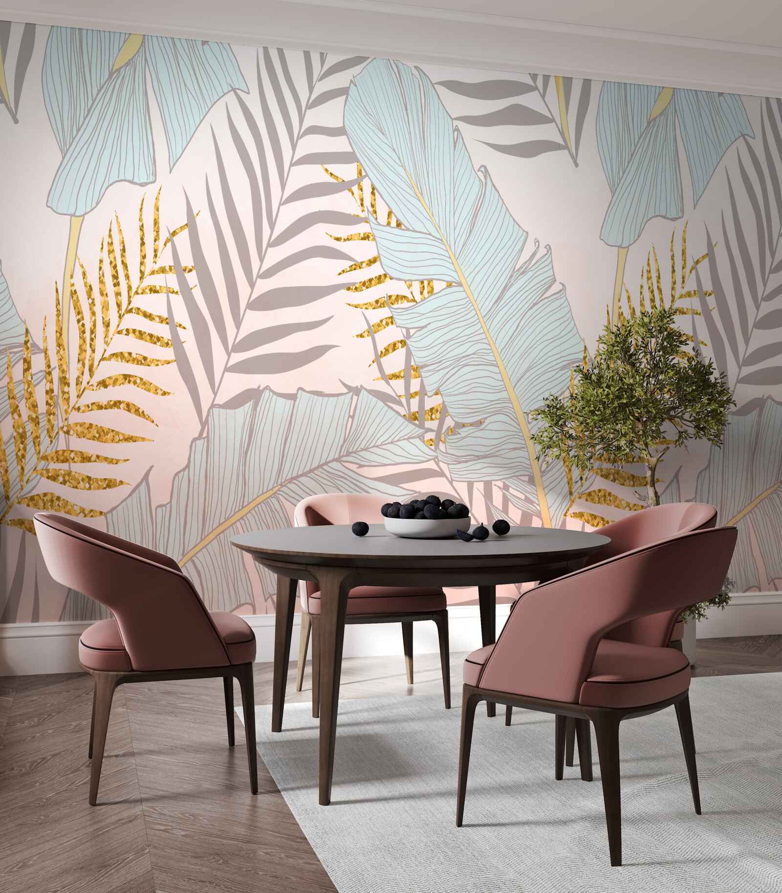 Papier peint feuilles de bananier et fougère dorée