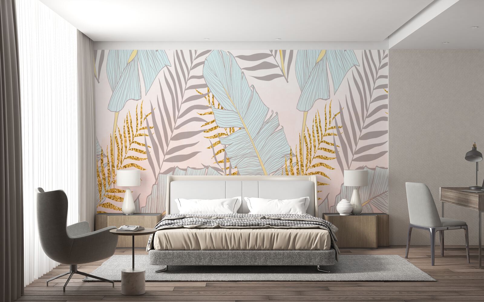 Papier peint feuilles de bananier et fougère dorée
