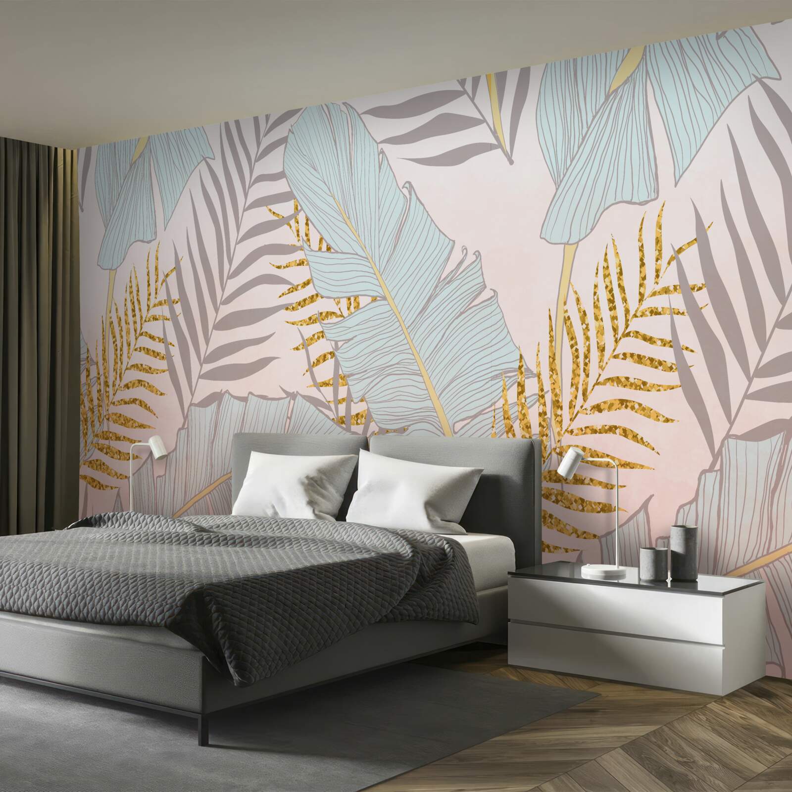 Papier peint feuilles de bananier et fougère dorée