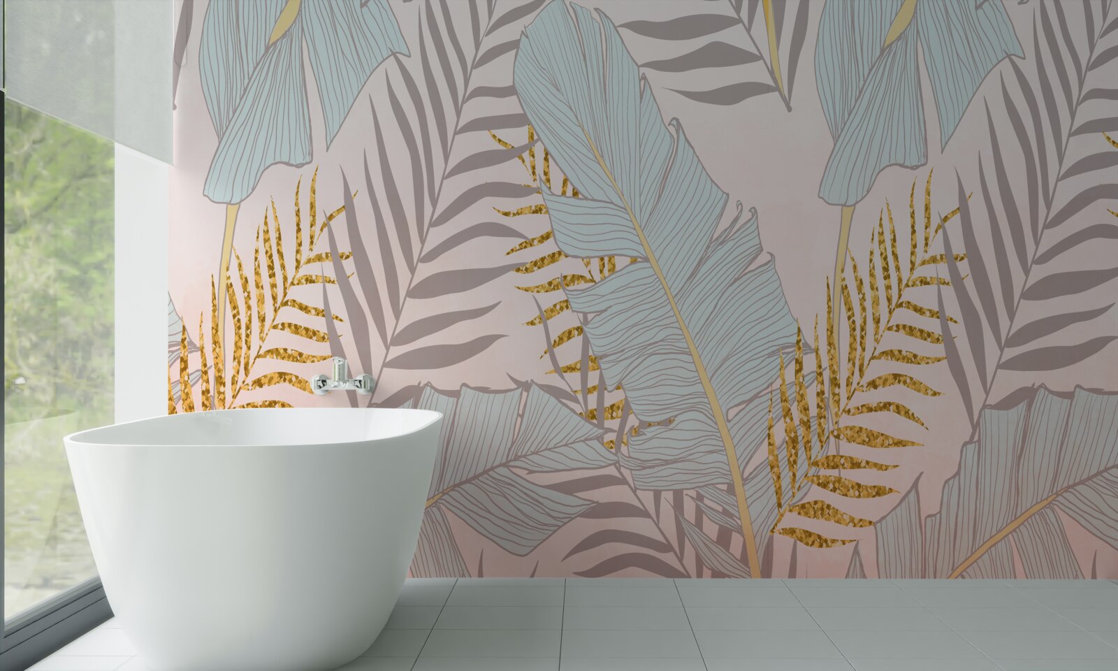 Papier peint feuilles de bananier et fougère dorée