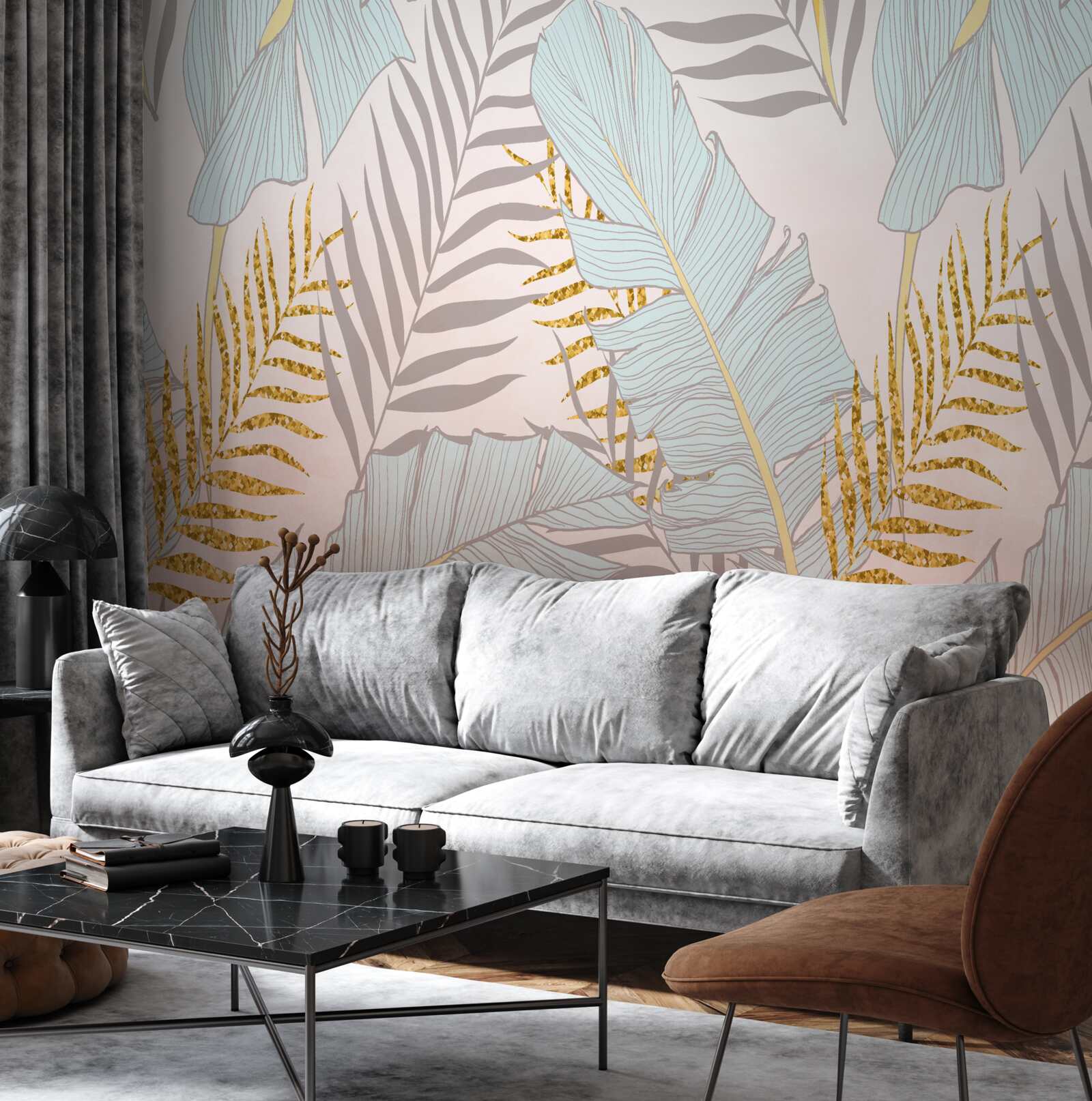 Papier peint feuilles de bananier et fougère dorée