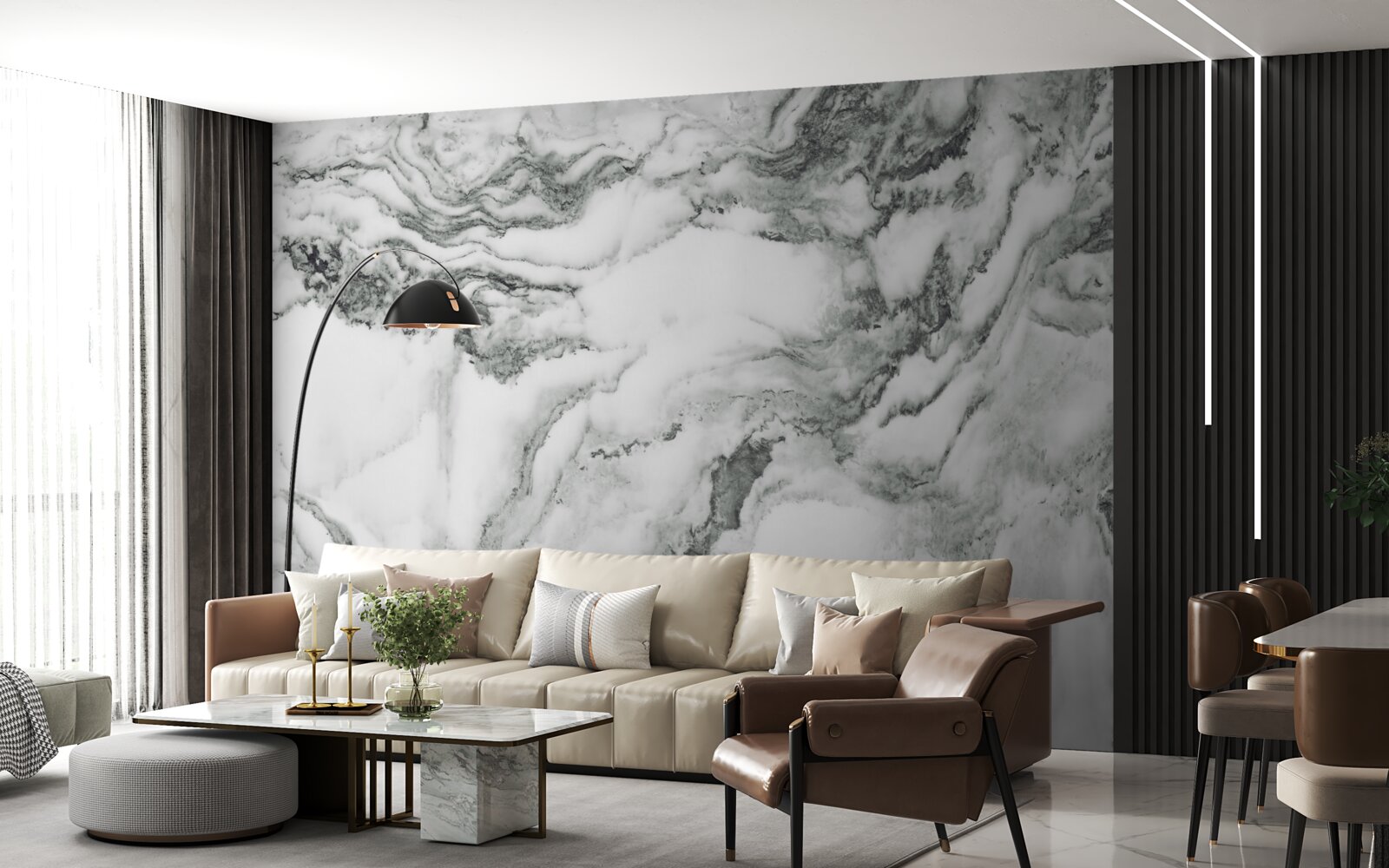 Papier peint marbre traditionnel en noir et blanc