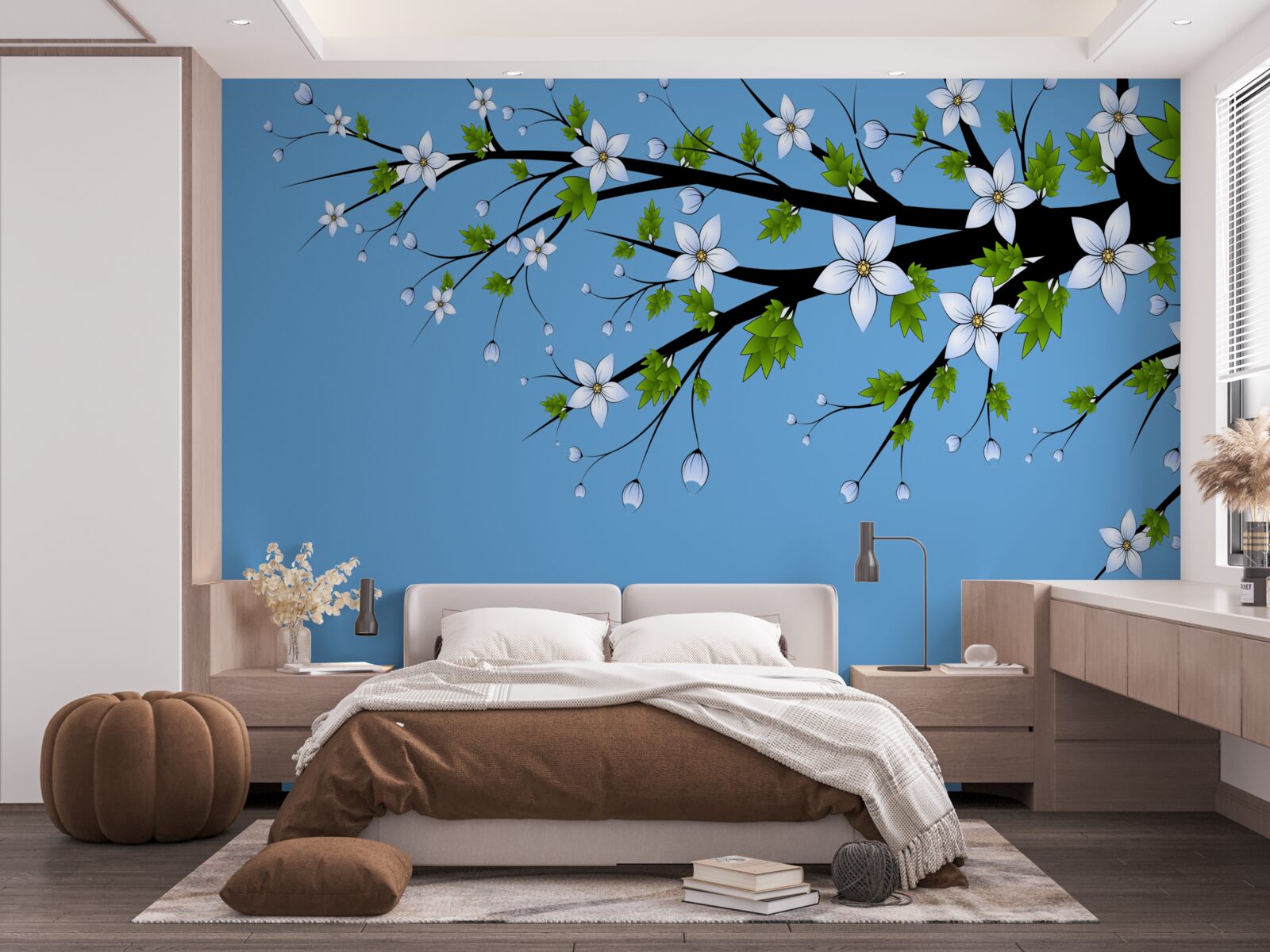 Papier peint une branche sur laquelle s'ouvrent des bourgeons blancs