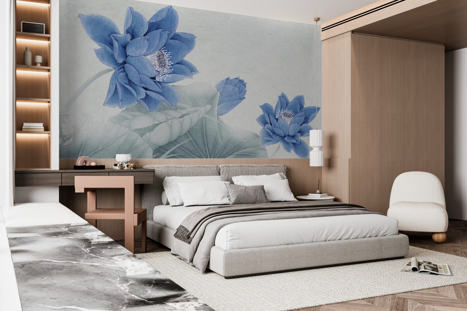 Papier peint des lotus bleus fleurissent sur un fond gris