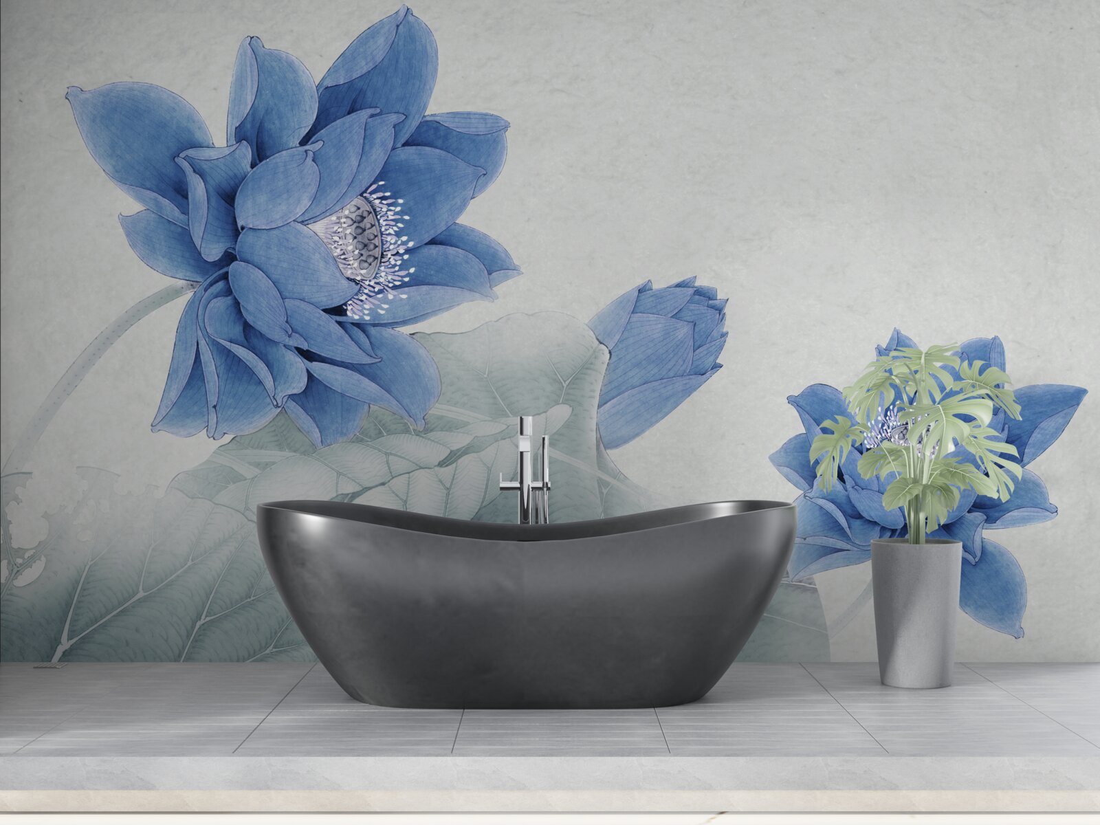 Papier peint des lotus bleus fleurissent sur un fond gris