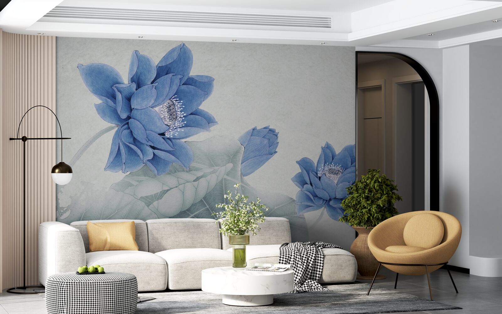 Papier peint des lotus bleus fleurissent sur un fond gris