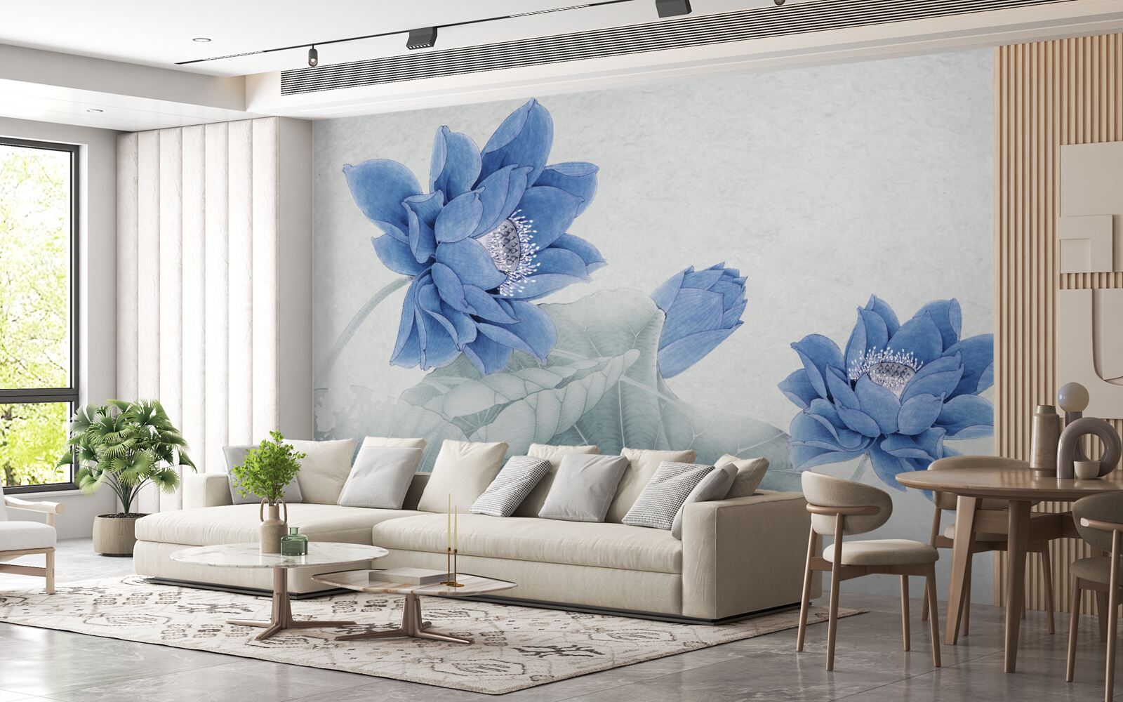 Papier peint des lotus bleus fleurissent sur un fond gris