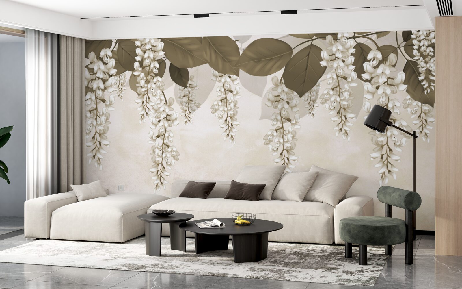 Papier peint acacia à fleurs blanches