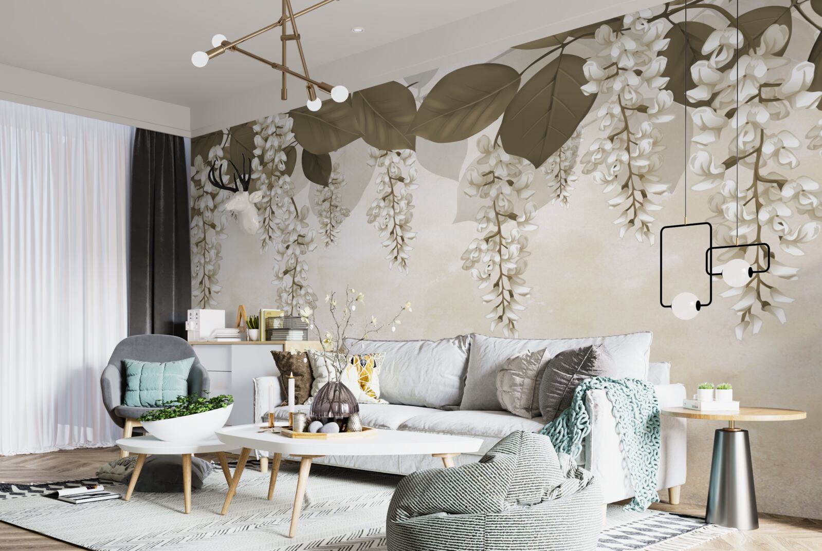 Papier peint acacia à fleurs blanches