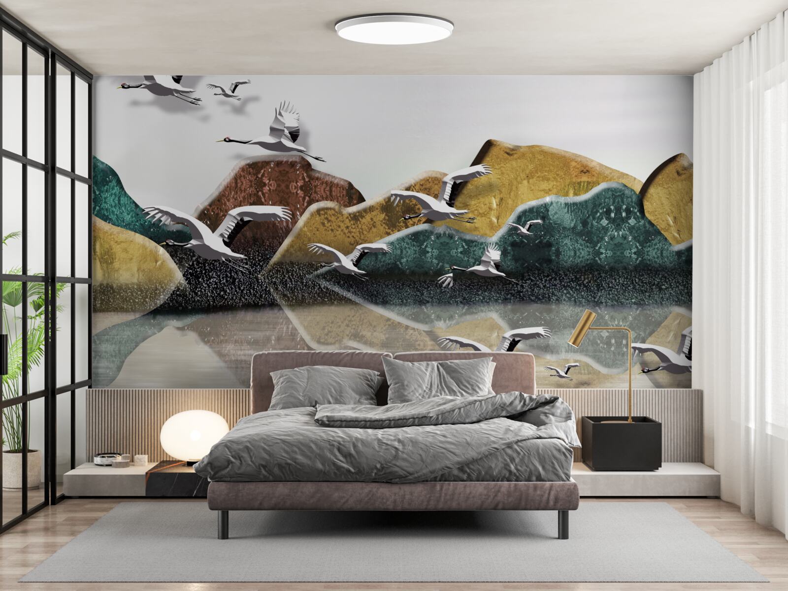 Papier peint lac calme dans les montagnes et oiseaux