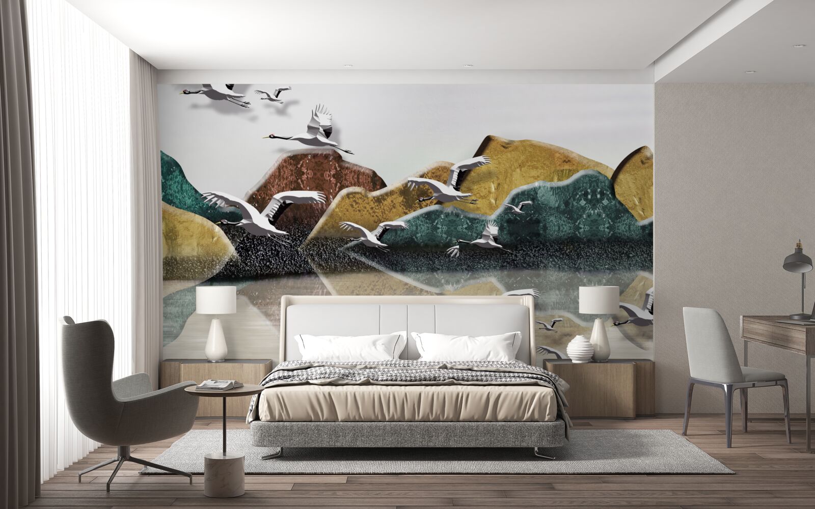 Papier peint lac calme dans les montagnes et oiseaux