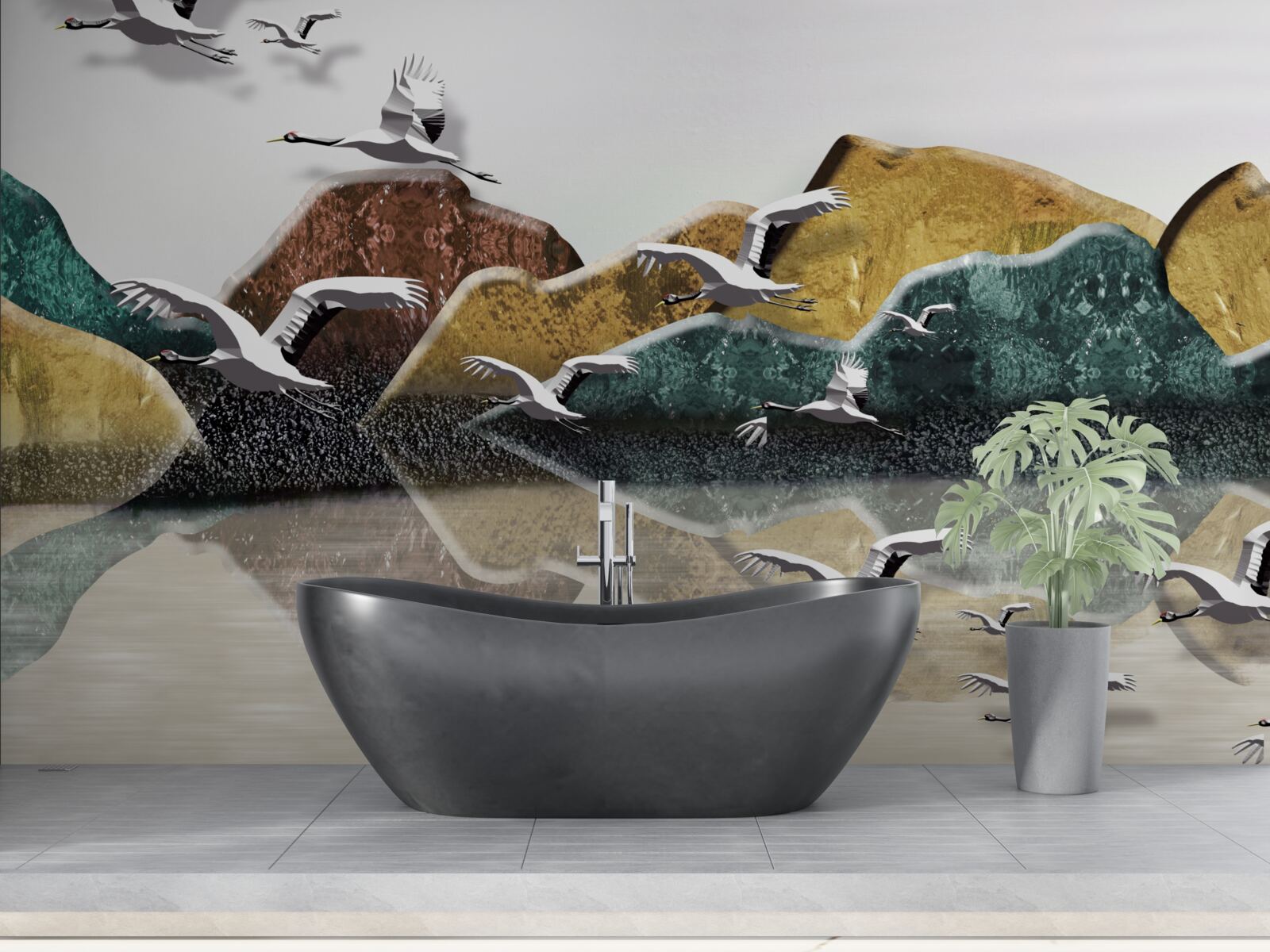 Papier peint lac calme dans les montagnes et oiseaux