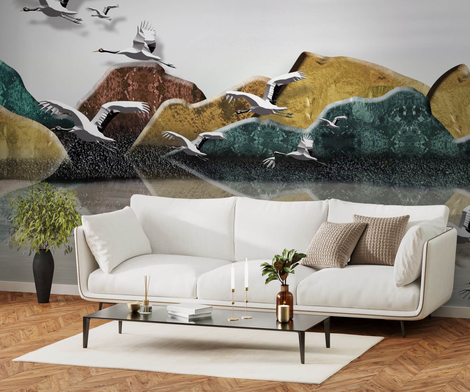 Papier peint lac calme dans les montagnes et oiseaux