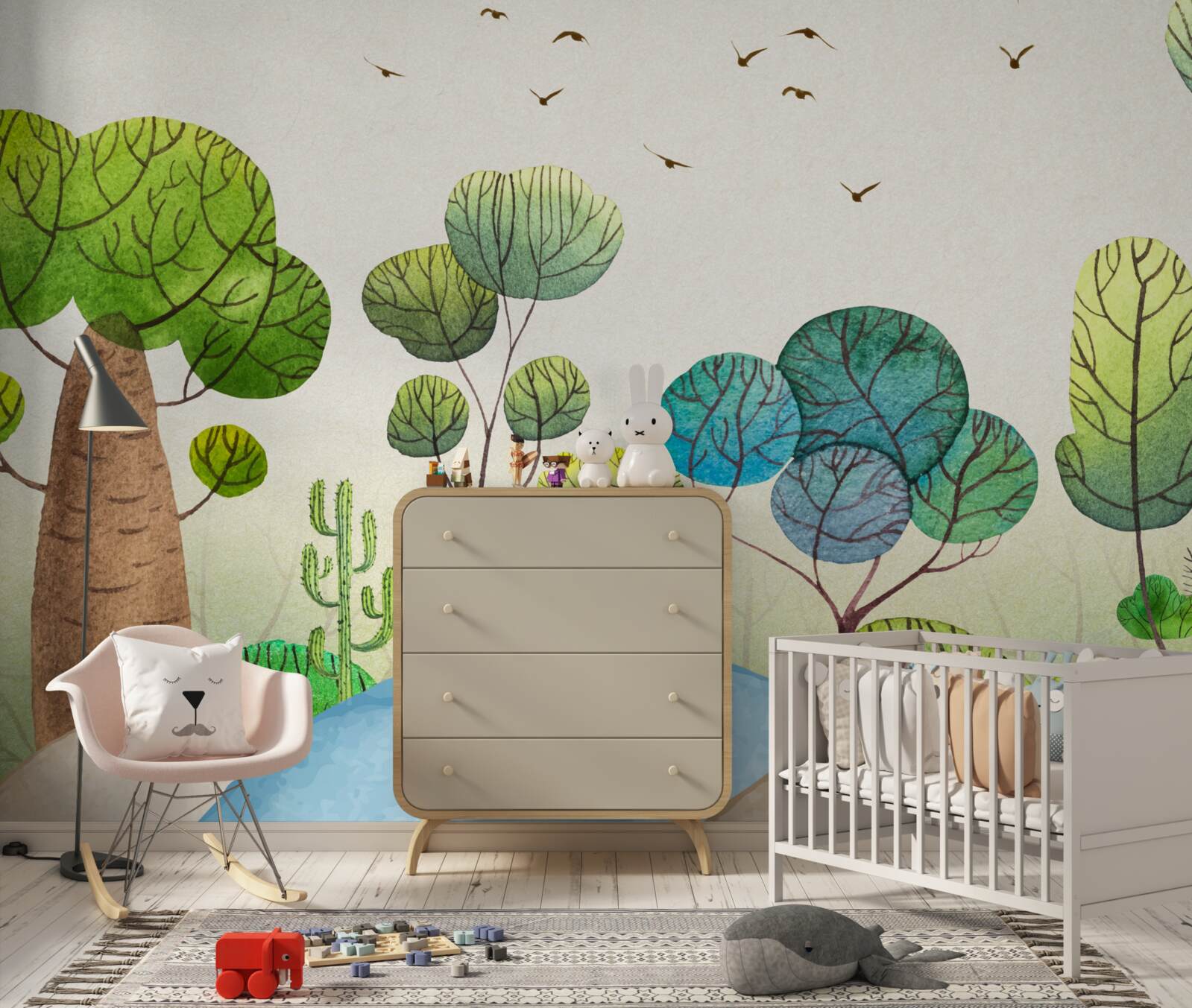 Papier peint une forêt peuplée d'oiseaux fabuleux