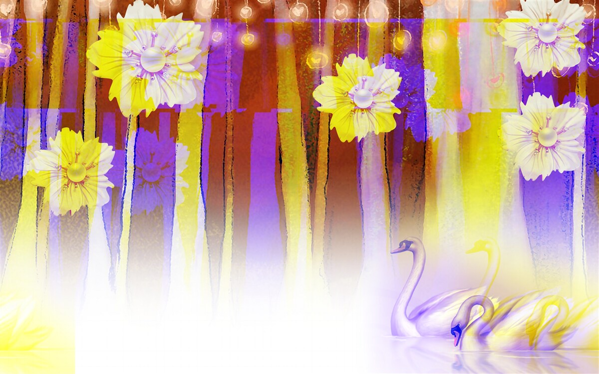 Papier peint fleurs de cygnes et cygnes flottant sur l'eau